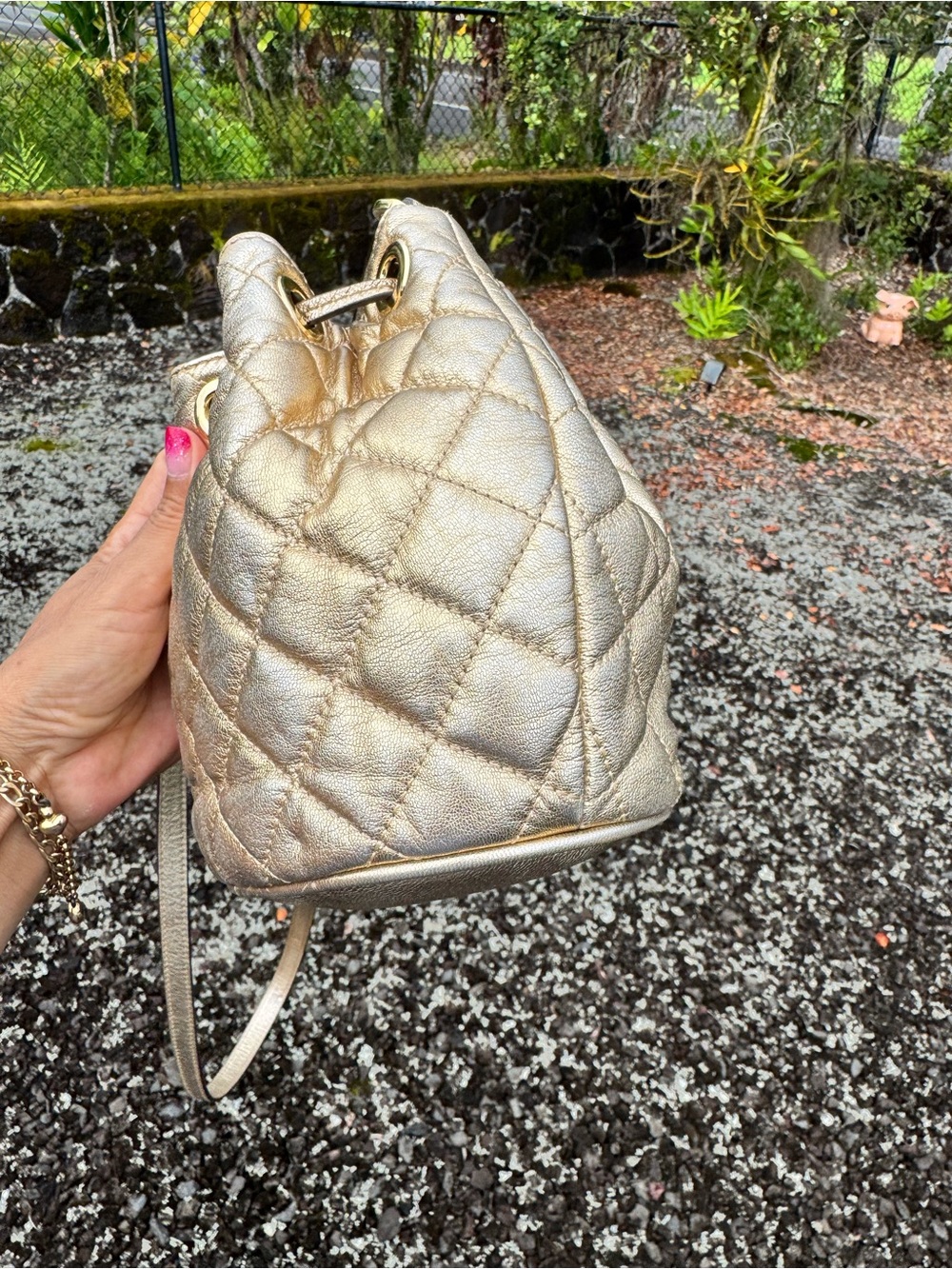 Michael Kors Mini Gold Quilted Leather Drawstring Bucket Bag Crossbody Purse - Picture 7 of 13